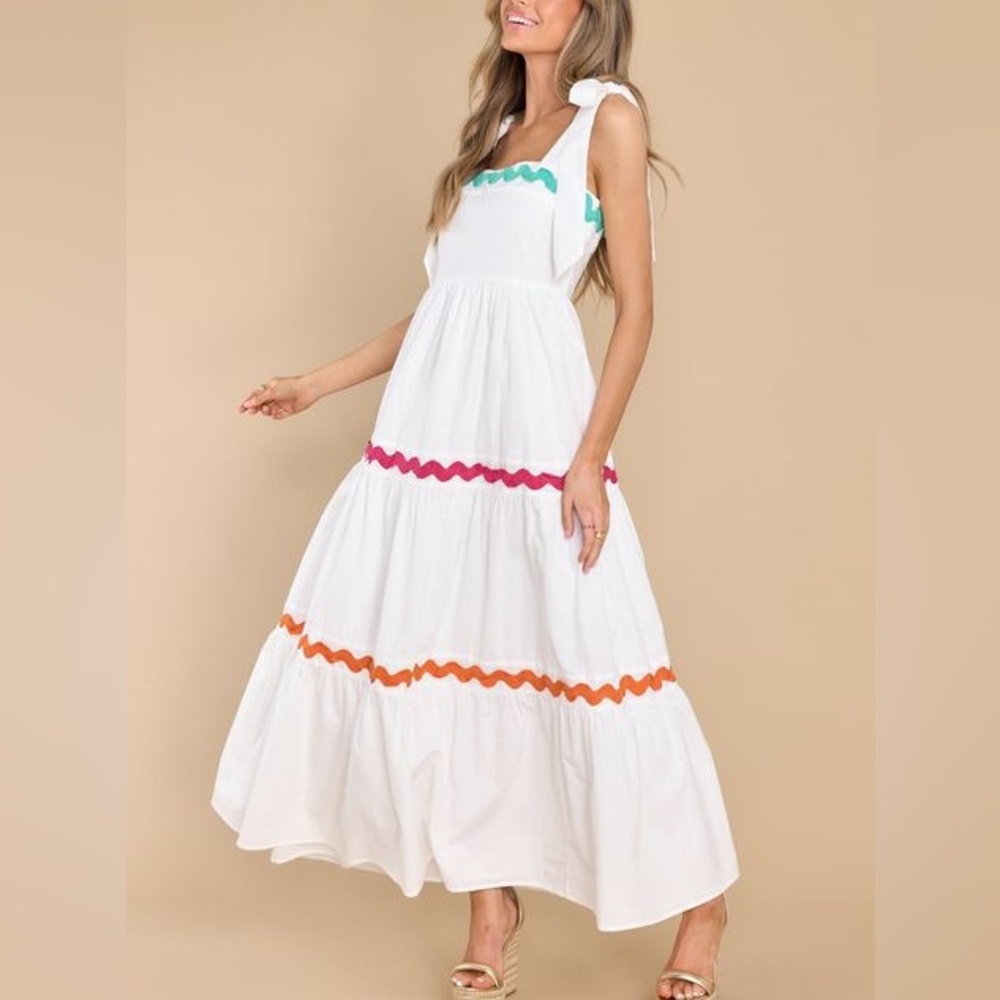 PALMS AWAY White Tiered Maxi Dress w Colorful Ric-Rac & Bow Straps